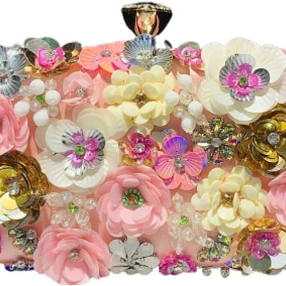 Elegant Flower Clutch Evening Bag with Beaded Embroidery – Perfect for Brides - Picture 1 of 7